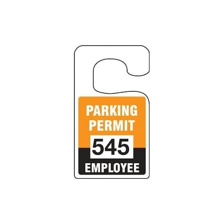 Accuform Parking Permit Tag, EMPLOYEE Numbered 001-099, Orange, 5in x 3in, Laminated PF-Cardstock, 99PK TNT272ORA